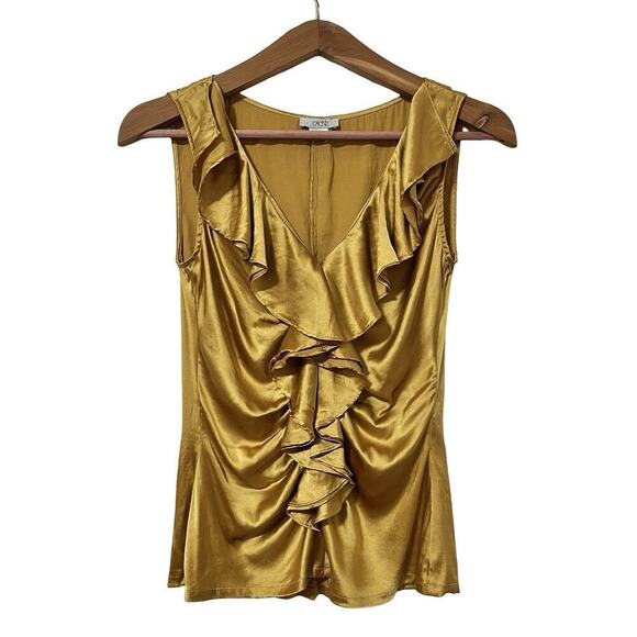 Vintage Cache Silk Ruffle Tank Top Size S Mustard Yellow Y2K Feminine Flowy - Picture 1 of 5